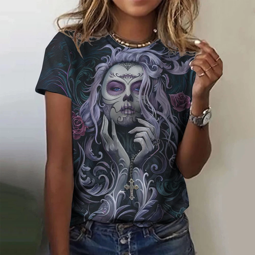 Damen T-Shirt für Mädchen Sommer Kurzarm lässig Mode sexy Mädchen Kleidung Horror Untoten Schädel Muster übergroße T-Shirts