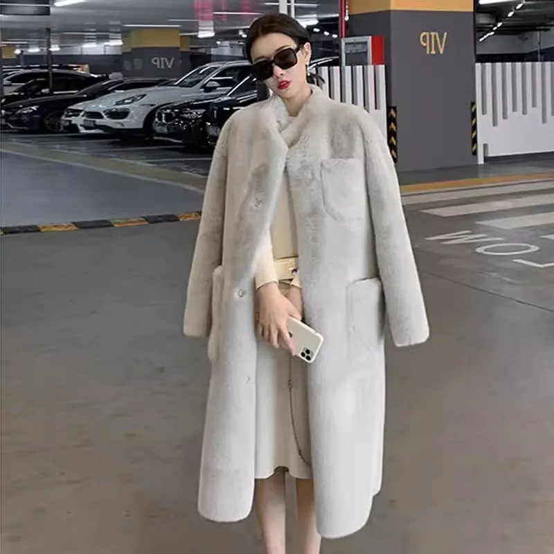 

Korean Faux Fur Jacket Women Winter New Fashion Stand Collar Pockets Mid-Length Lamb Thick Fur Coat Female Loose Overcoat W507