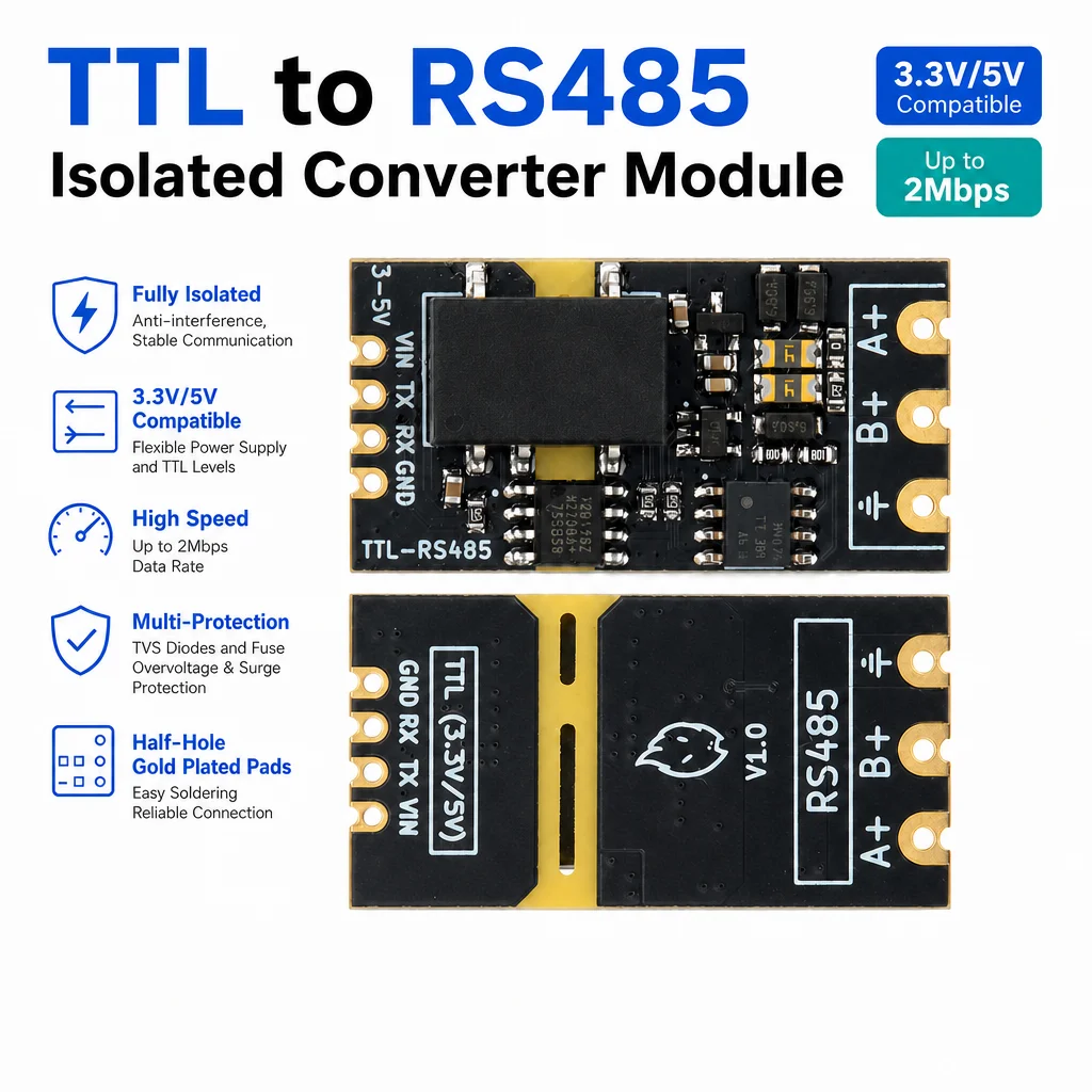 DC 3.3V/5V TTL to RS485 Converter Module with High-Speed 2Mbps Communication and Isolated Design for Industrial Automation