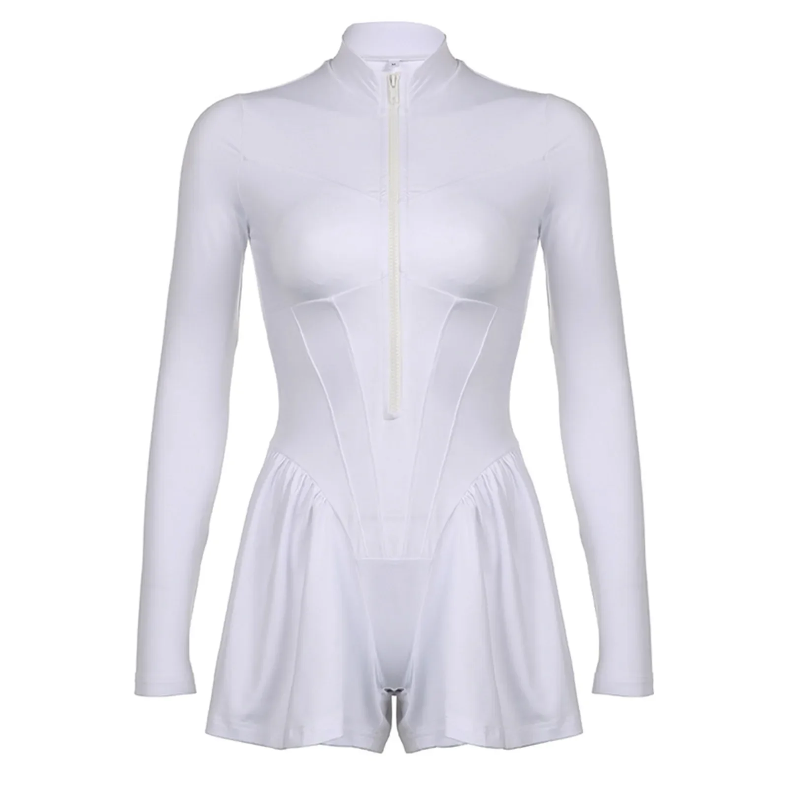 Mono corto deportivo de manga larga para mujer, mono informal de Color sólido con cremallera, Bodycon ajustado, mono básico informal para gimnasio