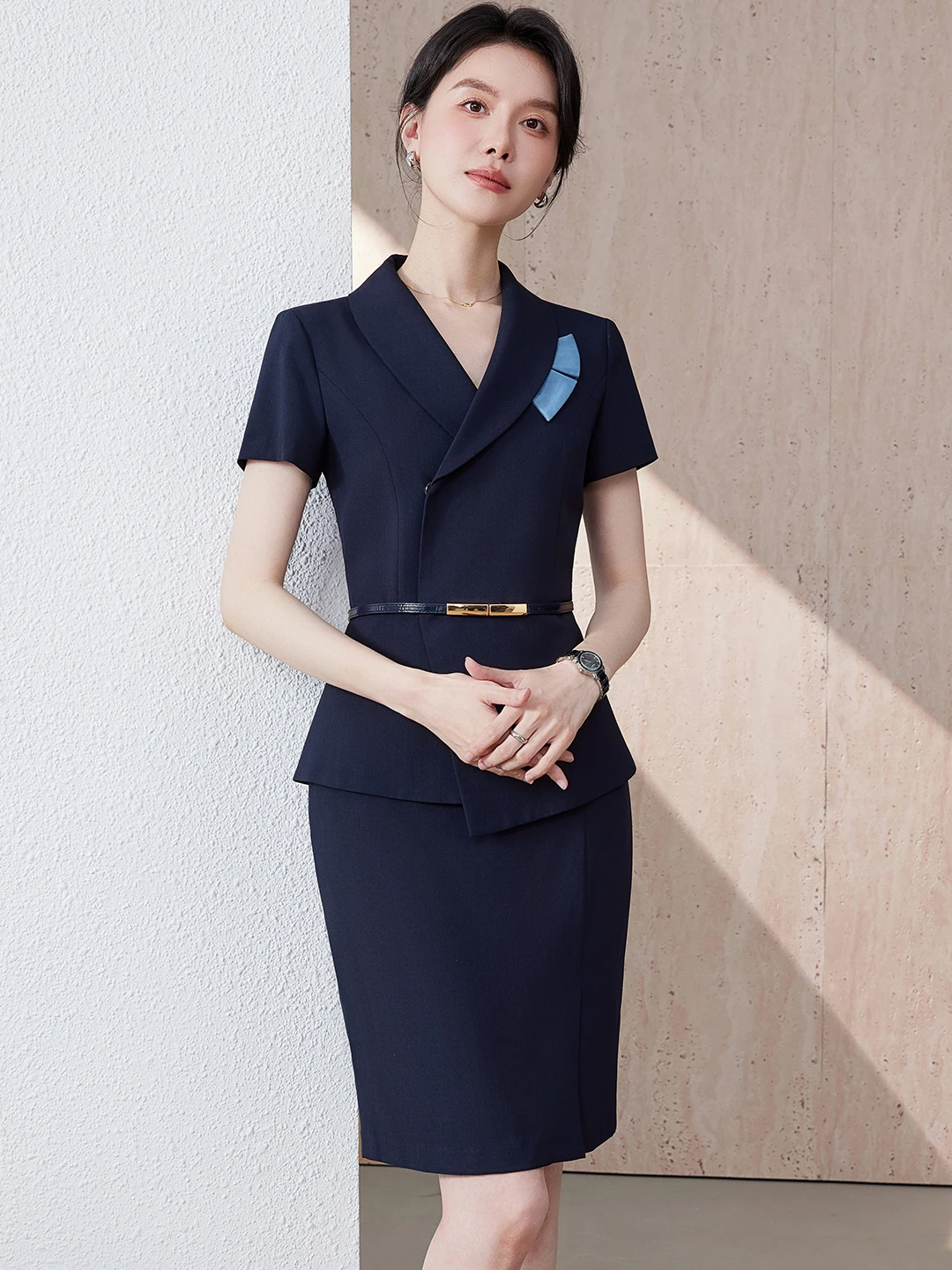 Cobalt Blue Short Sleeve Professional Suit Set for Women Summer New High End Jewelry Store Front Desk Reception Elegant Workwear