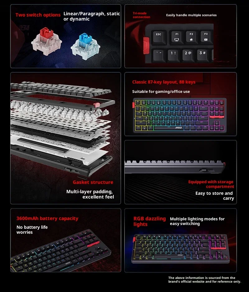 MSI FORGE GK300W Keyboard Mekanik Nirkabel Tiga Mode untuk Gaming dan Kantor, Hot Swap, Keycaps PBT, Lampu RGB, Gasket, Ergonomis
