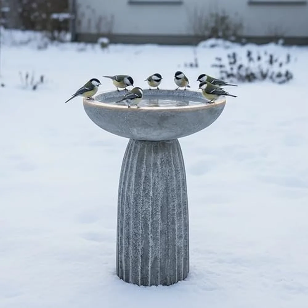 Modern Bird Bath 24.4inches Height Fibre Reinforced Concrete Birdbath with Textured Pedestal for Outdoor Garden Yard