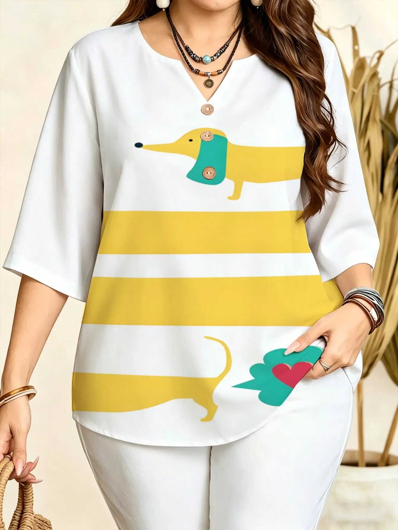 Multi Pattern Animal & Butterfly Print Women Blouse Notch V Neck 3/4 Sleeve Casual Shirts Watercolor Boho Cartoon Bee Dachshund