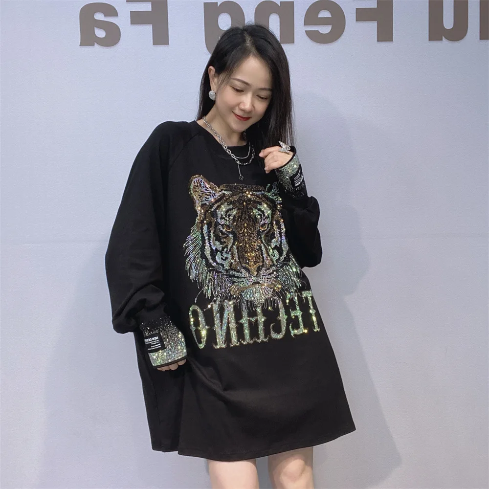 Sequins Big Tiger's Head Pattern Oversized Long Sleeve T Shirt Woman Casual Loose O Neck Black Top Vestidos Bust150cm Streetweas