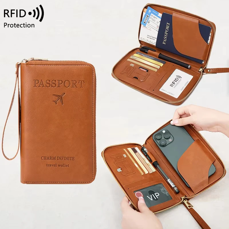 

Fashion RFID Blocking Passport Holder Travel Wallet with Multifunctional Zipper Wrist Strap Credit Card Bag Ticket Organizer