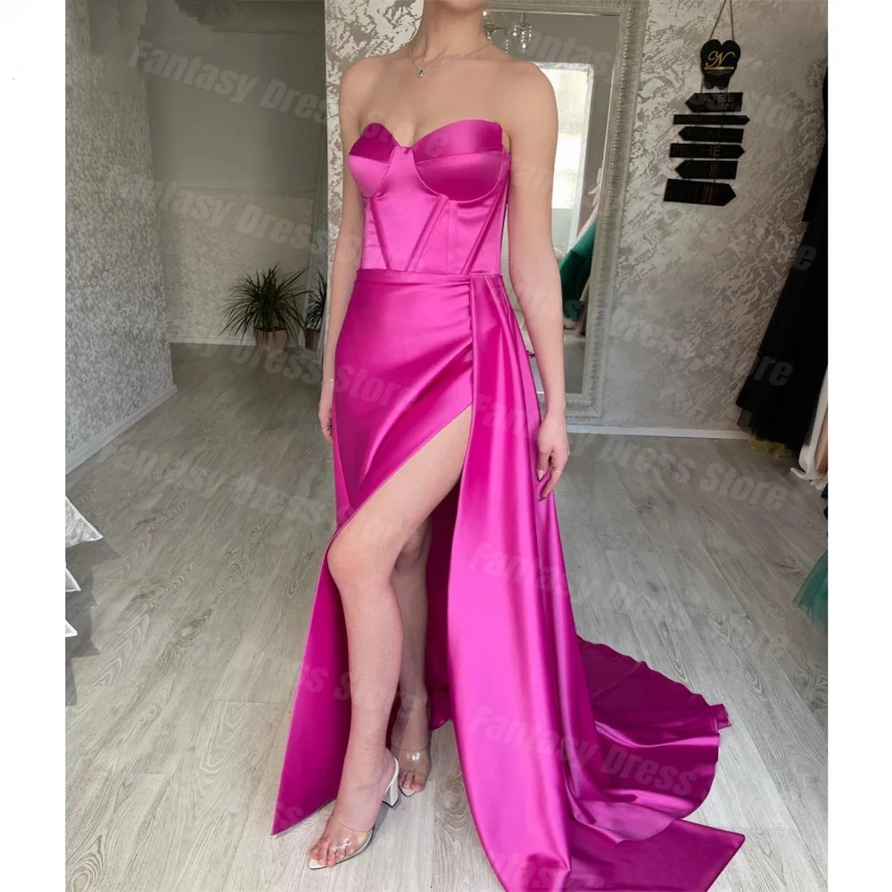 

Temperament Rose Red Satin Sweetheart Mermaid Evening Dresses Sleeveless Side Split Sexy Backless Formal Prom Gowns For Women