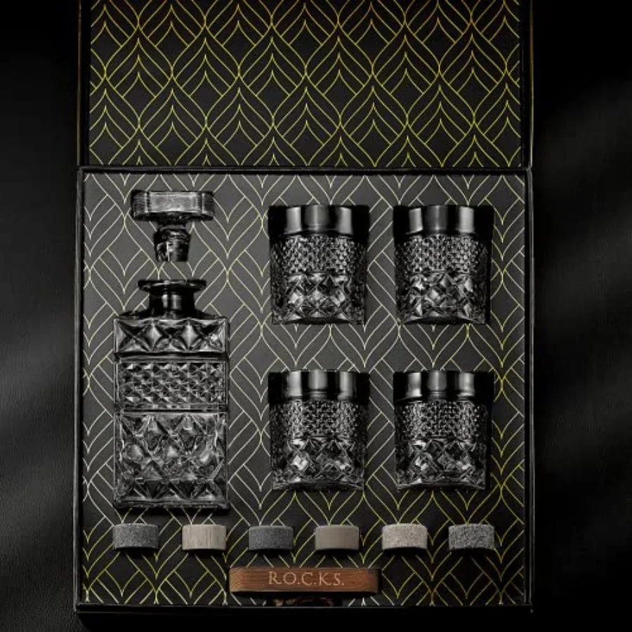 Whisky-Dekanter-Geschenkset mit 4 Cocktailgläsern und handgefertigten Granit-Whisky-Kühlsteinen, Whisky-Karaffe aus Glas für Liquo
