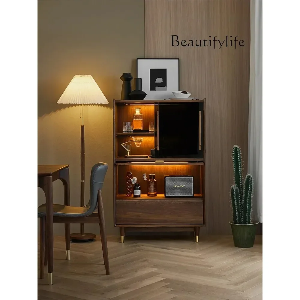 

LD25Nordic Solid Wood Wine Cabinet Black Walnut Glass Door Light Luxury Living Room Display Dining Side Storage Cabinet
