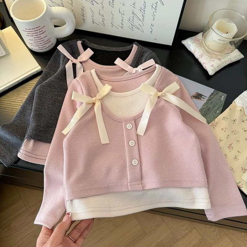 ربيع الخريف الفتيات تي شيرت طفل الأطفال الكورية الحلو القوس المرقعة محبوك طويلة الأكمام طفل الاطفال الملابس 2 إلى 10 سنوات