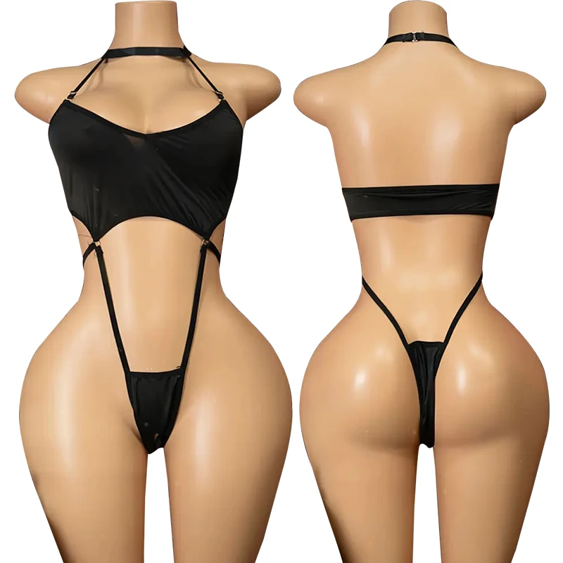 Sensual And Romantic Lace-up Seductive Tight-fitting See-through Pajamas With Open Crotch High Slit Backless And Strapless