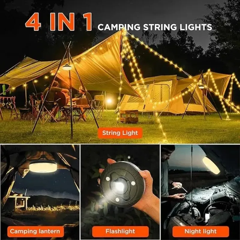 Rechargeable Camping Lantern with 10M LED String Lights 2000mAh Magnetic Tent Light USB Portable Emergency Lamp Hiking