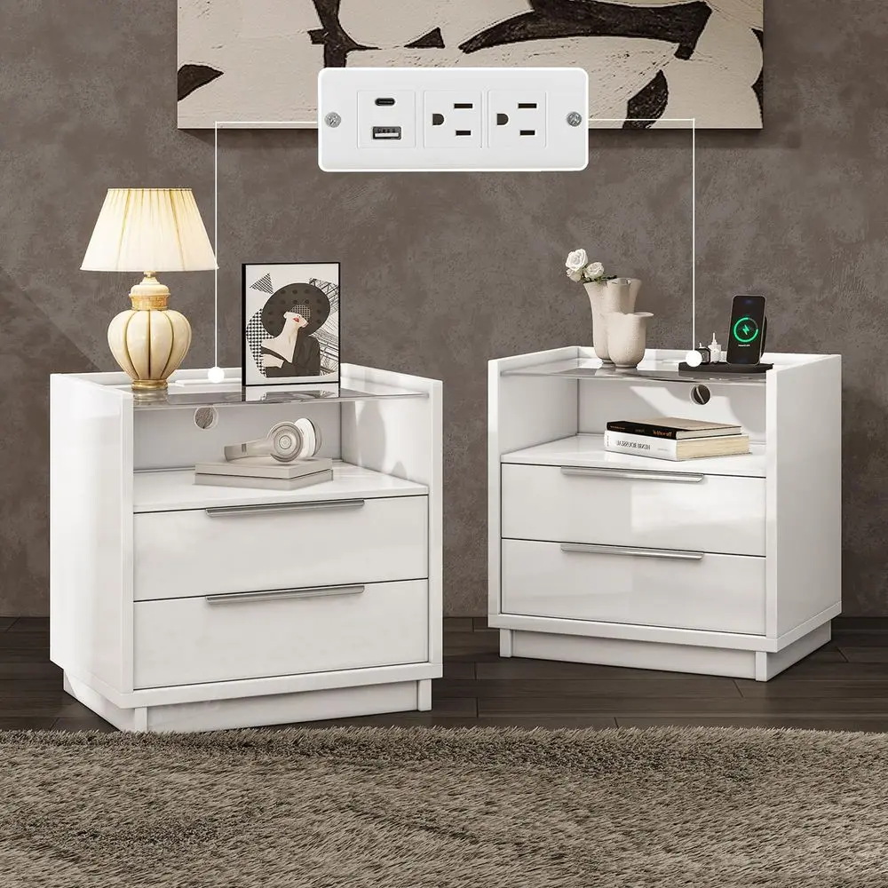 

Nightstand Set of 2, 23.6 End Table with Charging Station, Modern High Gloss Bedside Table with Glass Top, Spacious Drawers amp