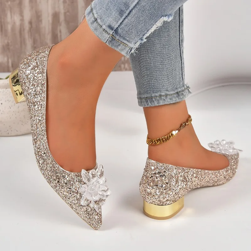 2023 Spring and Autumn New Fashion Outwear Sequin Face Pointed Women\'s Large Shallow Mouth Single Shoes High Heels Women