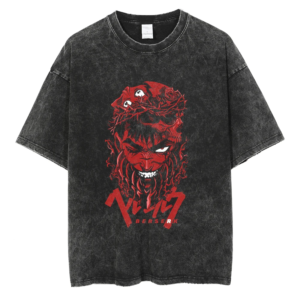 

Men Anime Graphic Print T Shirts Washed Vintage Oversized T-shirt Harajuku Streetwear Cotton Loose Short Sleeve Tshirt Tees Tops