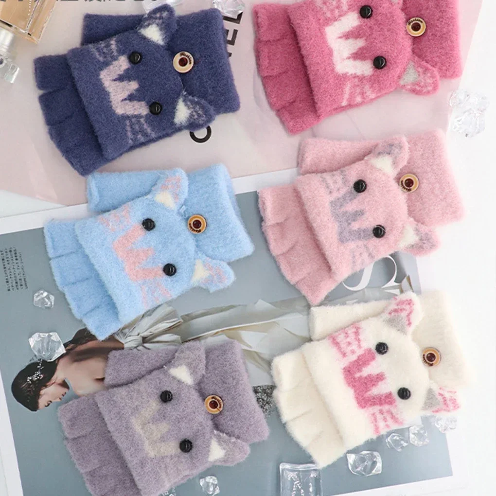 Cute Kids Gloves Winter Warm Faux Fur Knit Boy Girl Children Glove Cartoon Half finger Flip Cover Outdoor Mittens 5-12years