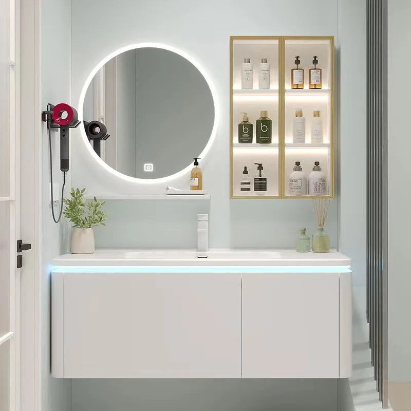 Picture 4: Modern cream style round wall-mounted bathroom cabinet ceramic integrated basin white plywood can be customized size