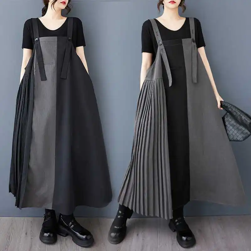 

Women Denim Pleated Dresses Pinafore A Line Dress Spliced Pocket Sleeveless Ankle Length Straight Office Lady Casual 2025 Summer
