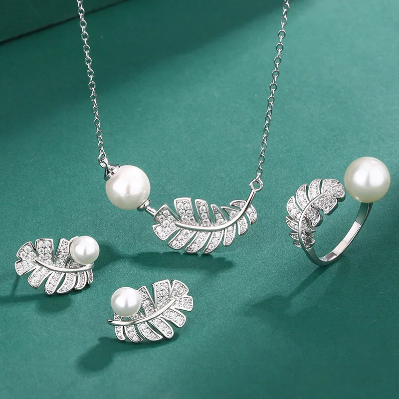 

Jewelry Pearl Pendant S925 Silver Needle Feather Pearl Earrings European and American Luxury Zircon Pearl Ring