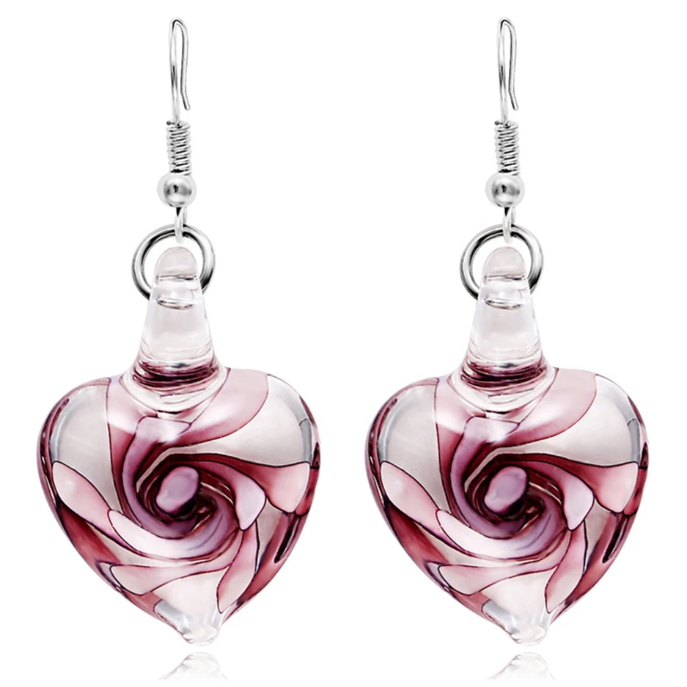 Kitykiss Women's Glass Flower Earrings Inlaid with Spiral Flower Heart Pendant Ribbon Necklace