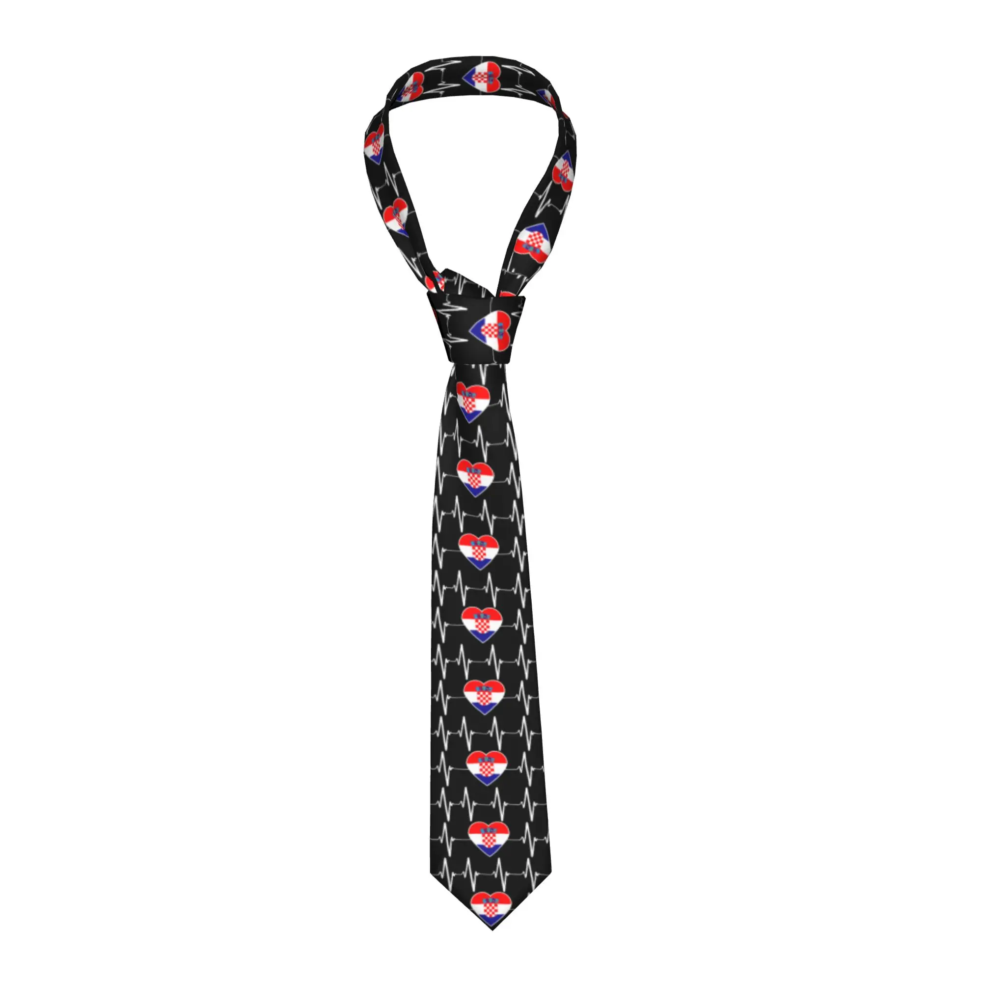 Heartbeat Croatia Flag Tie Men's Fashion Silk Croatian Country Heart Family Necktie for Wedding