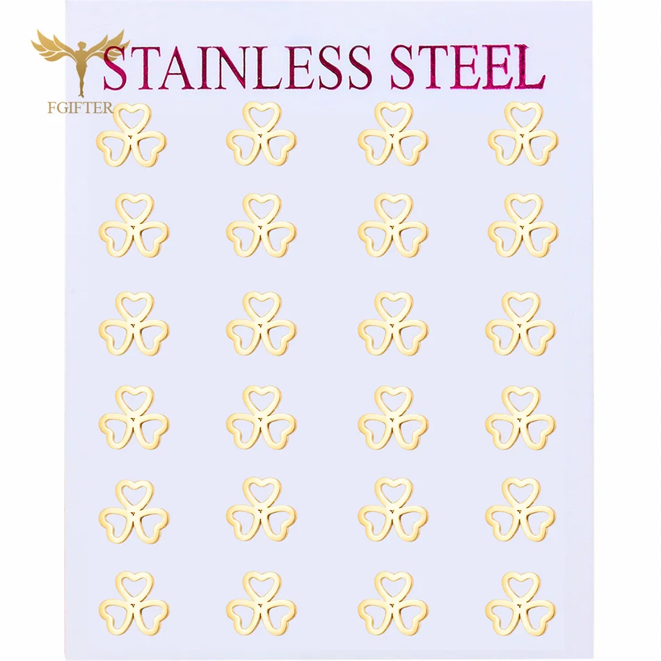 Fashion 3 Love Hearts Leaf Clover Earrings 12 Pairs Gold Color Stainless Steel Stud Earrings Set For Women Jewelry Wholesale