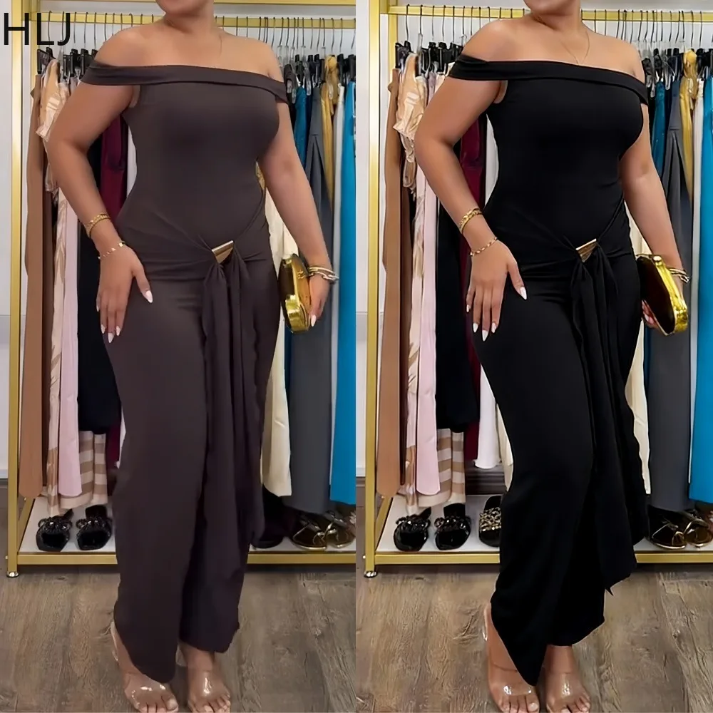 HLJ Fashion Ruched Patchwork Bodycon Jumpsuits for Woman Solid Color Off Showlder Backless Rompers Female Streetwear Overalls