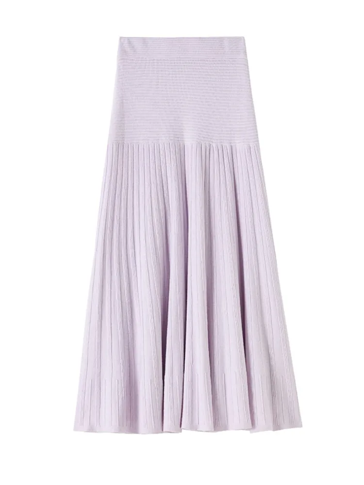 Gonna elegante lavorata a maglia a righe viola a vita alta dimagrante gonna da donna di media lunghezza a trapezio in lana casual da donna