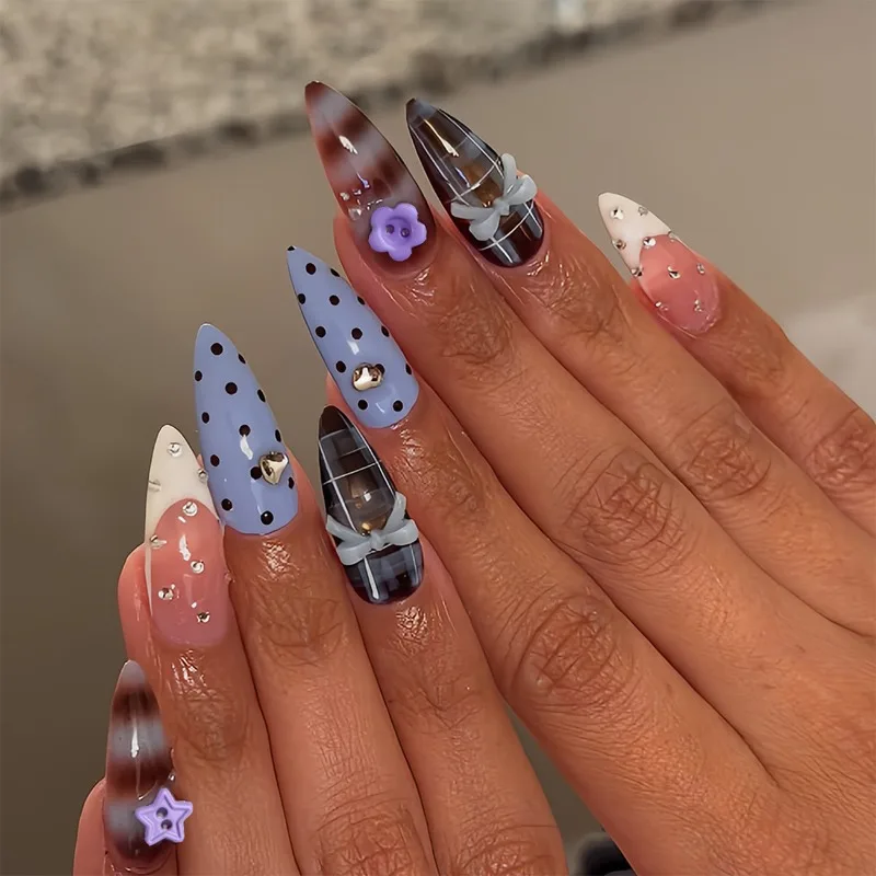 

24PCS Blue Long Stiletto False Nails with Glue Sweet Bowknot White French Press on Nails Full Cover Retro Polka Dots Plaid Tips