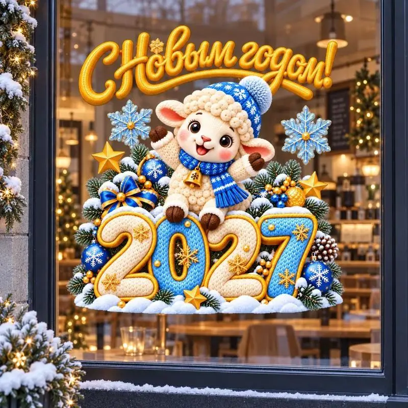 2027 Imitation Knit Sheep Window Sticker Happy New Year Cute Lamb Christmas Window Decor Home Shop Glass Xmas Ornament