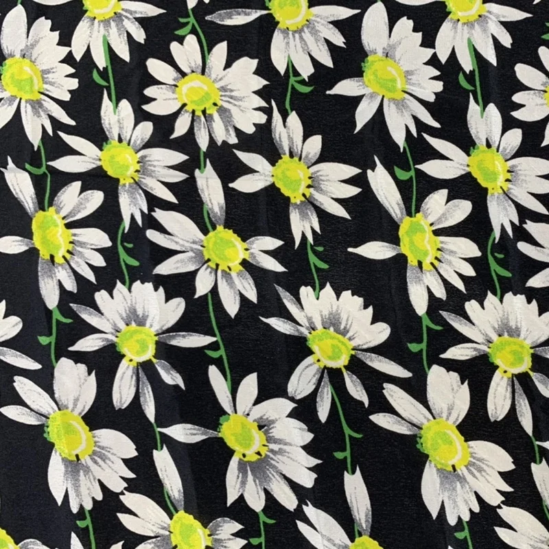 

1 meter 100% Mulberry Silk 16 momme Crepe Silk Fabric Black with White Daisy Floral Printed 140cm 55" wide by the yard JX017