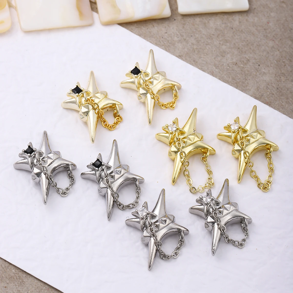 4 gold and silver stereo star chain pendant nail decoration, European and American style y2k metal diamond simple nail drill