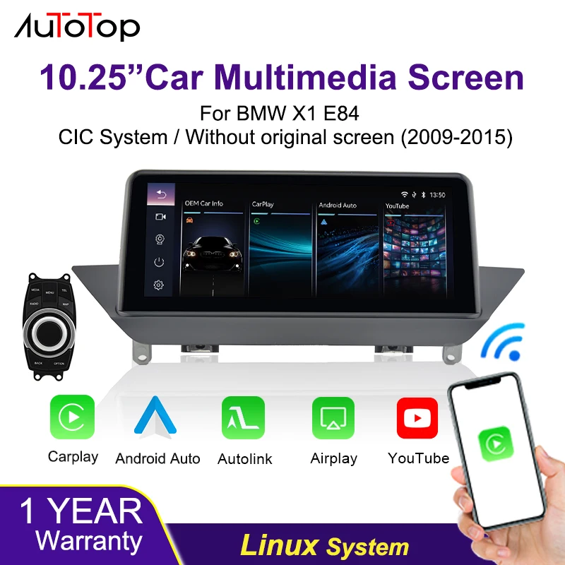 AUTOTOP 10,25 Zoll Wireless Carplay Android Auto Touchscreen für BMW X1 E84 2009-2015 CIC-System oder ohne Werksbildschirm Youtube/Wifi