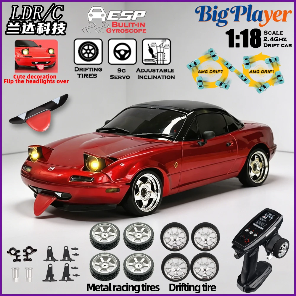 Nuevo coche de carreras a control remoto LDRC LD1804 1/18 MX5 2WD con control proporcional completo de 2.4G, giroscopio ESP y luces LED, modelo de coche de carreras de juguete.