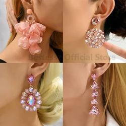 Pink Luxury Crystal Drop Earrings For Women 2025 Trend Flower Petals Feather High Quality Ear Ring Party Romantic Jewelry Gifts