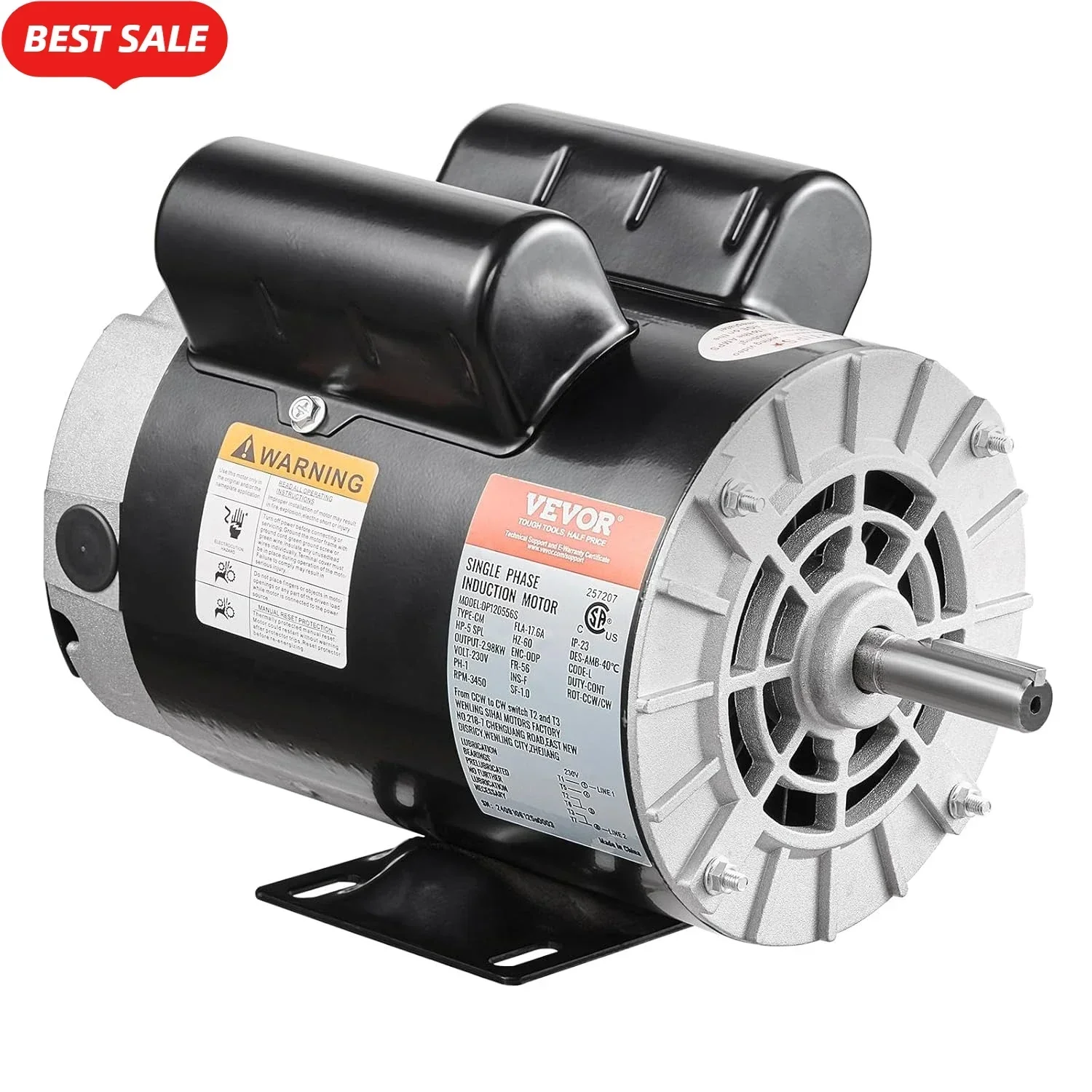 5HP SPL Air Compressor Electric Motor, 230V 17.6Amps, 56 Frame 3450RPM, 5/8