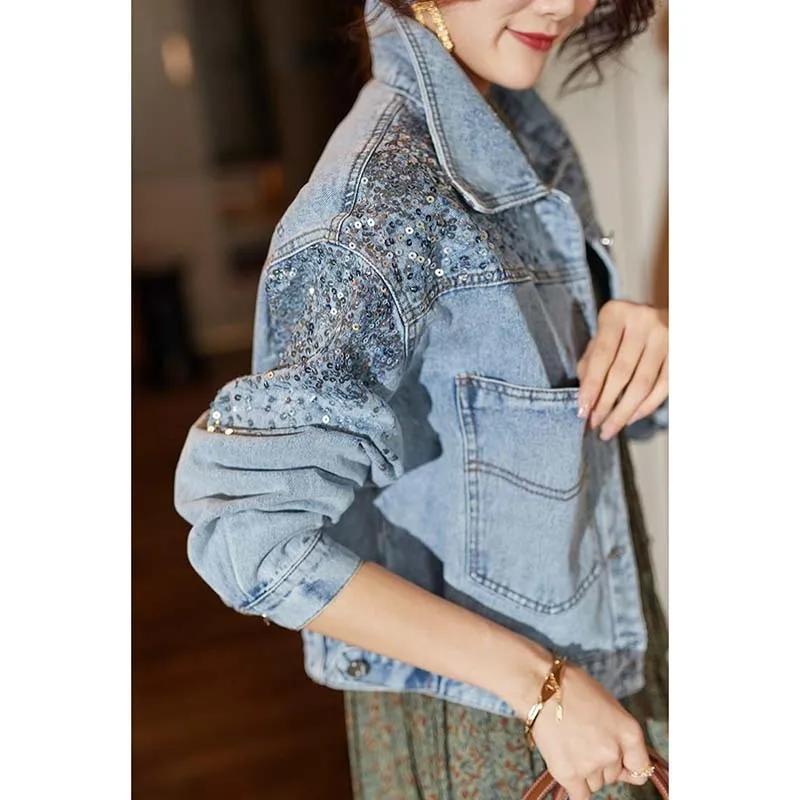 Fashion Sequin Denim Jacket For Women 2026 New Short Loose Slim Denim Coat Tops Sping Autumn Women Heavy Industry Denim Jacket