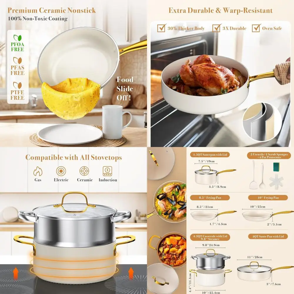 

15-Piece Non-Stick Ceramic Cookware Set, Oven-Safe, PFOA and PTFE-Free, Gold & White Kitchenware
