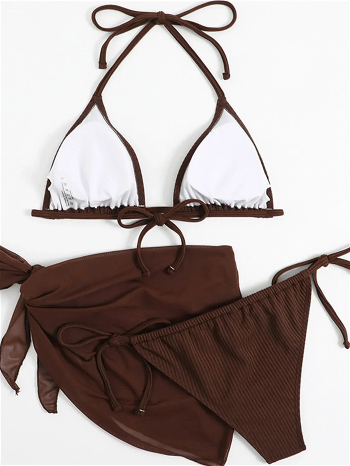 Sexy Solid Brown bikini Set donna Ribbed Halter Push Up Mesh gonna costume da bagno 2024 Mujer costume da bagno brasiliano Cover Up Swimwear