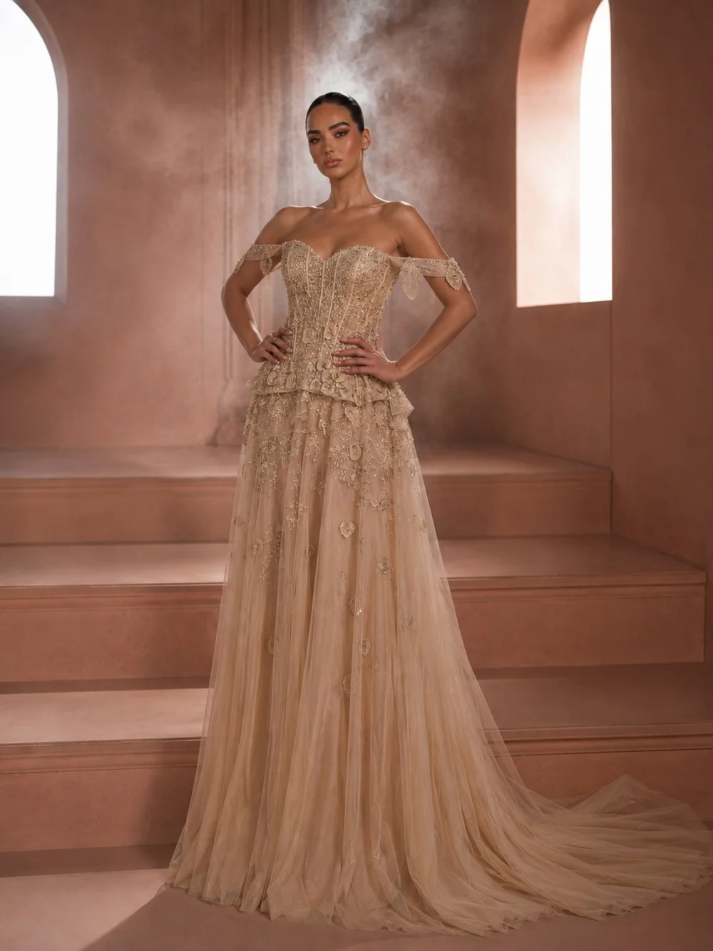 Romantic Off The Shoulder Sweetheart Lace Sleeve Cuffs Floral Appliques Party Dress Evening Gown For Wedding Guests فساتين سهرة