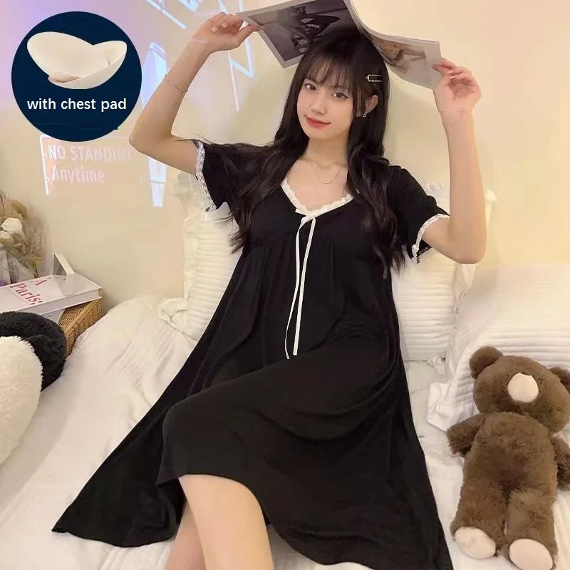 Plus Size 5XL 150KG Night Dress Summer Short Sleeve Nightgown Women V Neck Black Sleepwear Oversized Home Dress