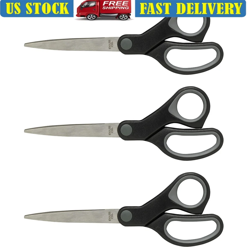 Rubber Grip Straight Scissors 8 Inch Stainless Steel Blades Comfortable Control Everyday Use Home Office 3 Pack Bundle
