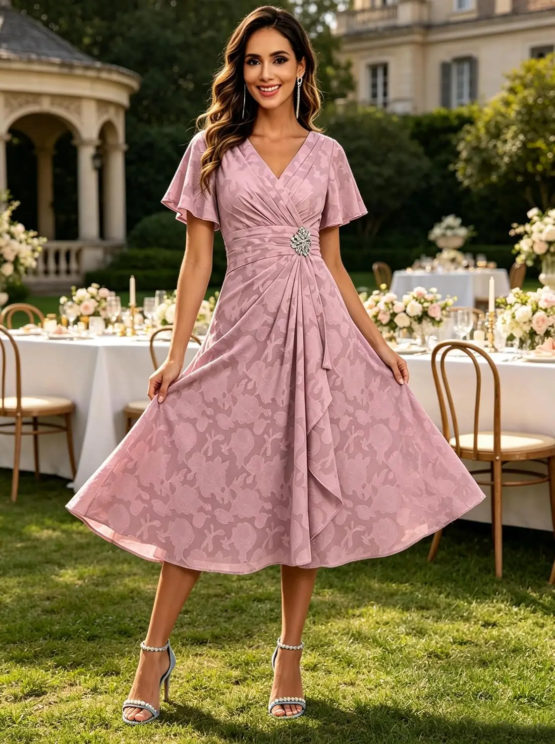 Women V‑Neck Flutter Short Sleeve Midi Formal Dress Jacquard Floral Pattern A‑Line Cocktail Party Dress Elegant Evening Dress