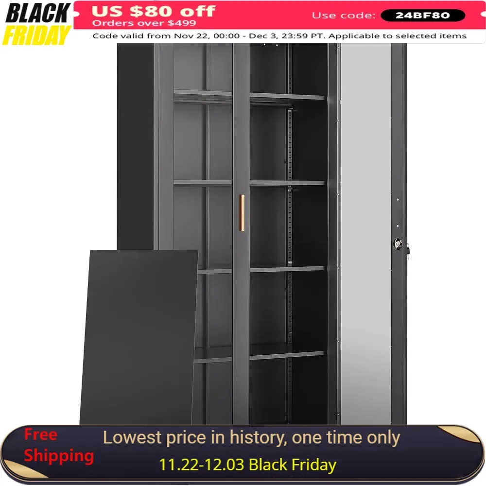 

71'' Display Cabinet with Lock, 4 Adjustable Shelves, Glass Doors, Glass Tall Display Cabinet