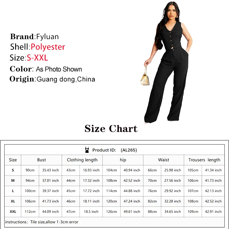 Set da due pezzi da donna alla moda Abito in tinta unita con scollo a V Gilet senza maniche Slim Fit Pantaloni lunghi a gamba larga solidi Set eleganti a vita alta