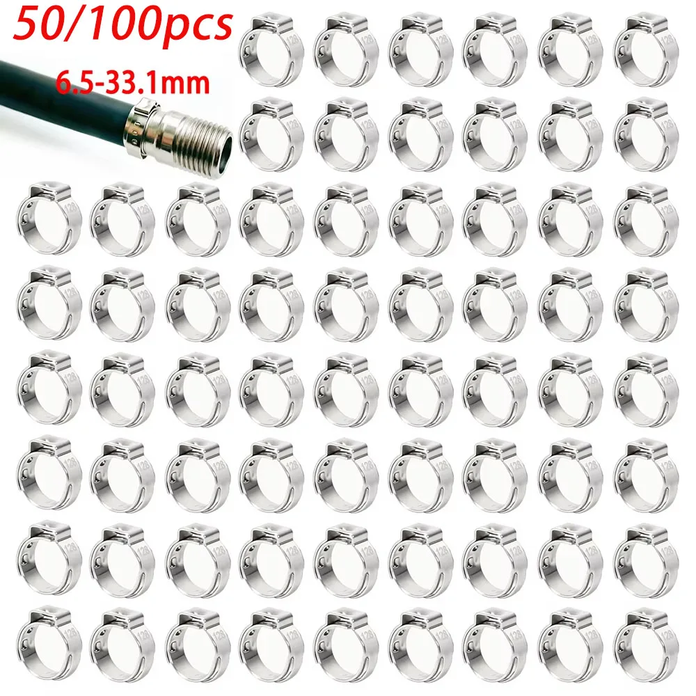 50/100pcs Single Ear Hose Clamp 6.5-33.1mm Hose Clamps Crimp Ring 304 Stainless Steel Pinch Clamp for Pex Tubing Pipe Automotive