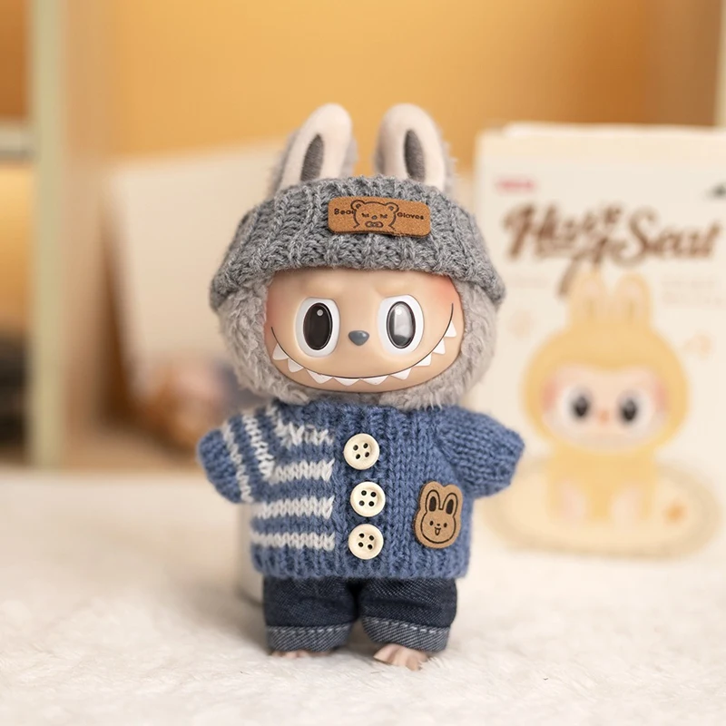 Dla 17cm V1/V2 Labubu ubrania strój Labubu siedząca impreza niedźwiedź etykieta szalik kapelusz sweter z guzikami spodenki dżinsowe akcesoria dla lalek