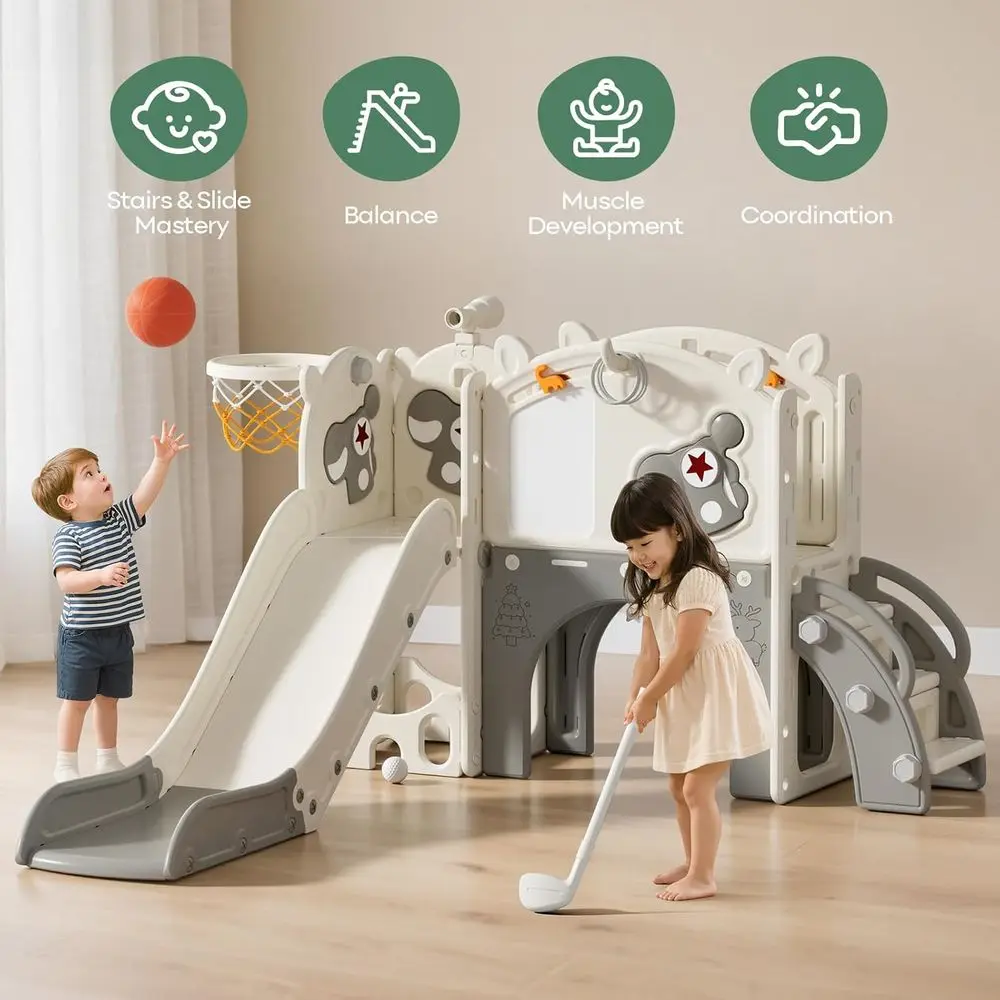 10-in-1 peuterglijbaan 10-in-1 voor kinderen van 1-3 jaar, elandenthema met basketbal en golf, binnen/buiten, beige en grijs (54x62x39in)