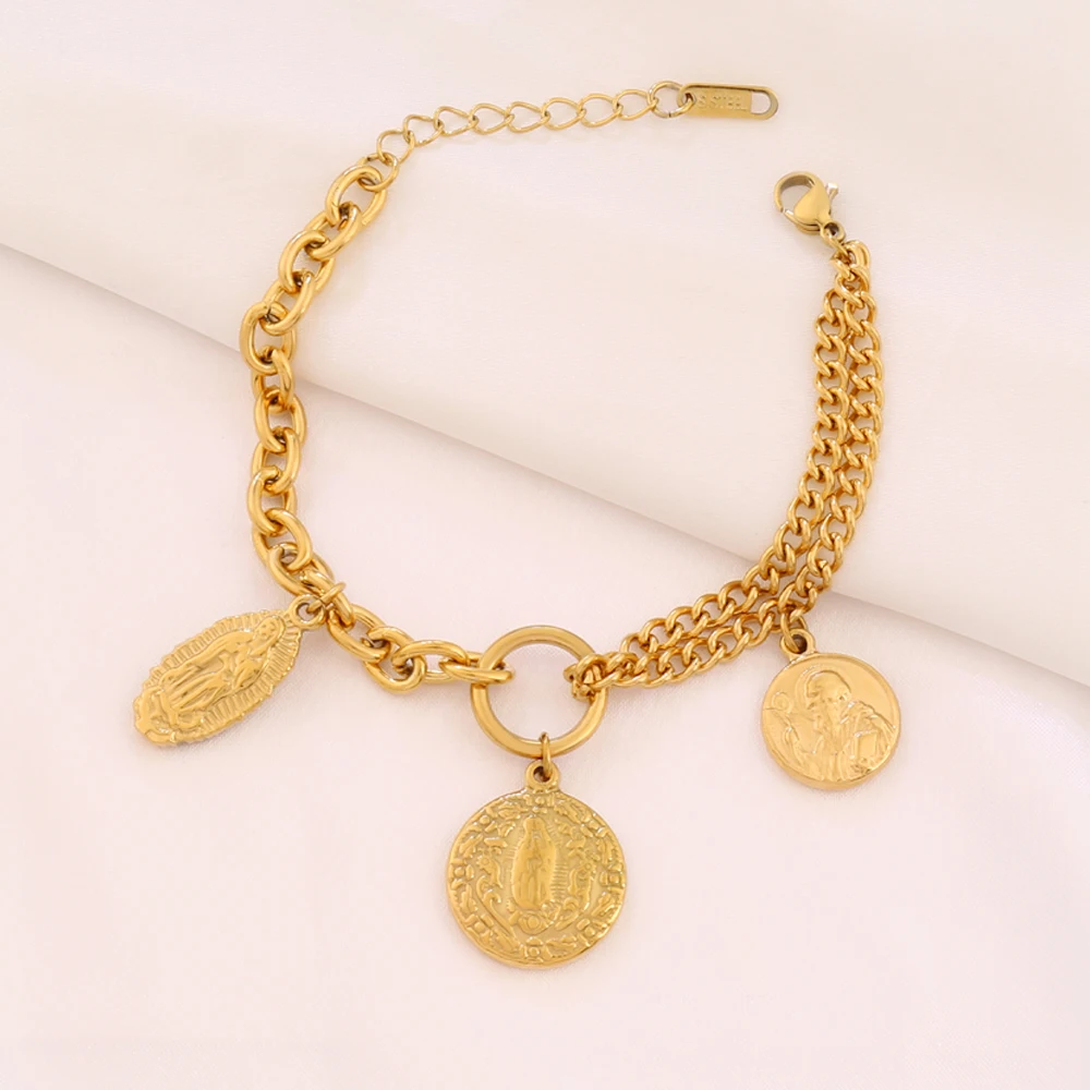 316L Stainless Steel Religious Pendant Bracelet For Women Gold Color Virgin Mary Pendant Chain Bracelets Jewelry