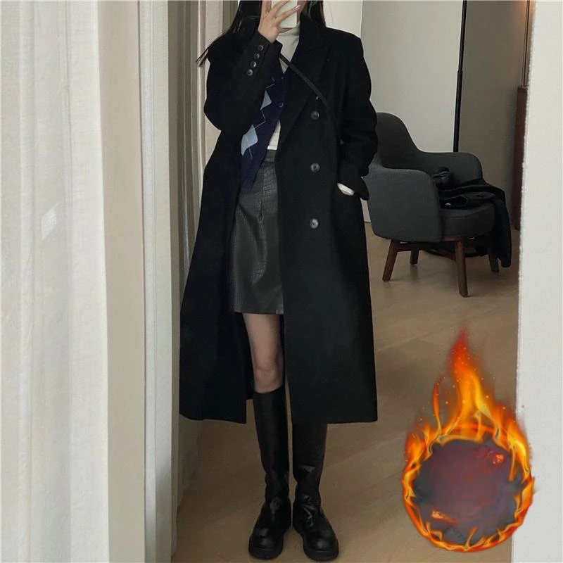 Black woolen coat for women, new Korean style for autumn and winter, knee-length Hepburn style, cotton-padded thick coat